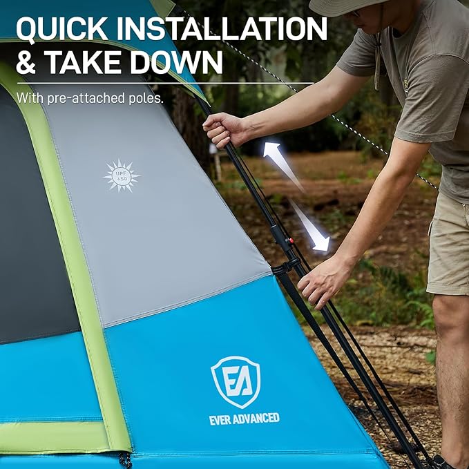 EVER ADVANCED 4 Person Blackout Camping Tent 60s Easy Setup Instant Cabin Tent for Family 4000mm Water-Resistant &amp UV Protection Light-Blocking Tent with Rainfly for Outdoor Travel 8' x 7' x 59