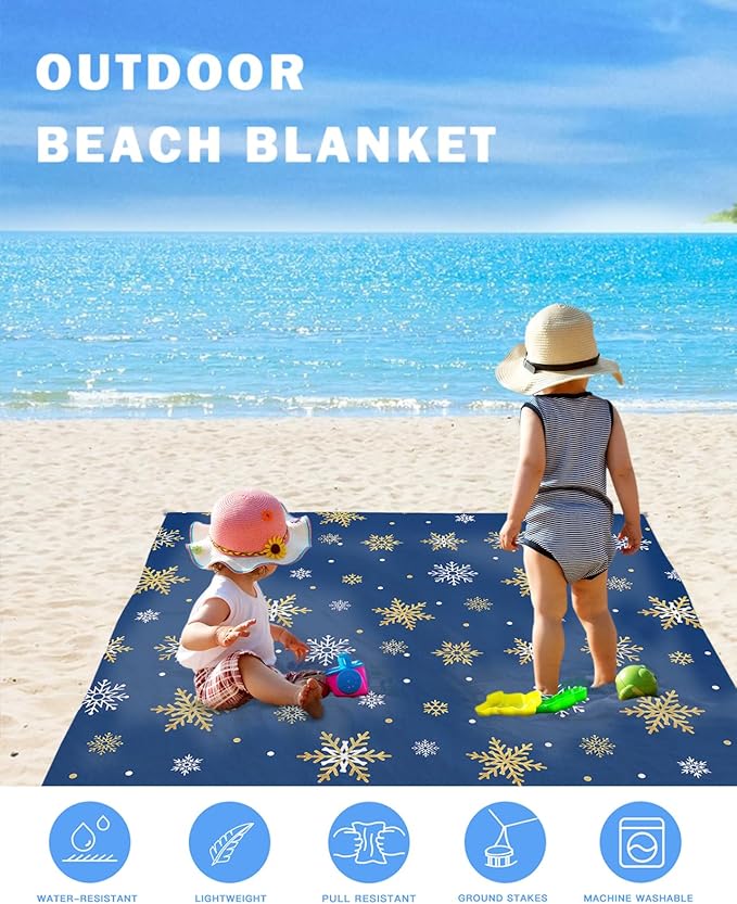 Beach Blanket Waterproof Sandproof OversizedChristmas Golden Winter Snowflake Blue Back Beach Mat with Corner Stakes Sand PocketsWhite Snowflakes Seamless Outdoor Picnic Mat for Travel 95x80In