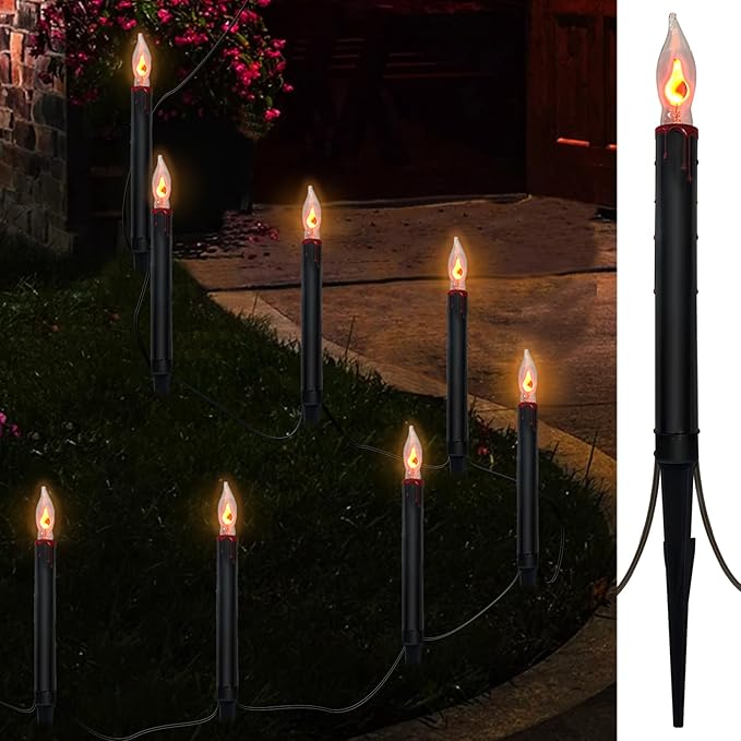 SUNSGNE Halloween Pathway Marker String Lights - 19.5Ft Outdoor Walkway Lights with 10 Black Blood Tears Candle Light Stakes for Lawn Yard Sidewalk Garden Decoration