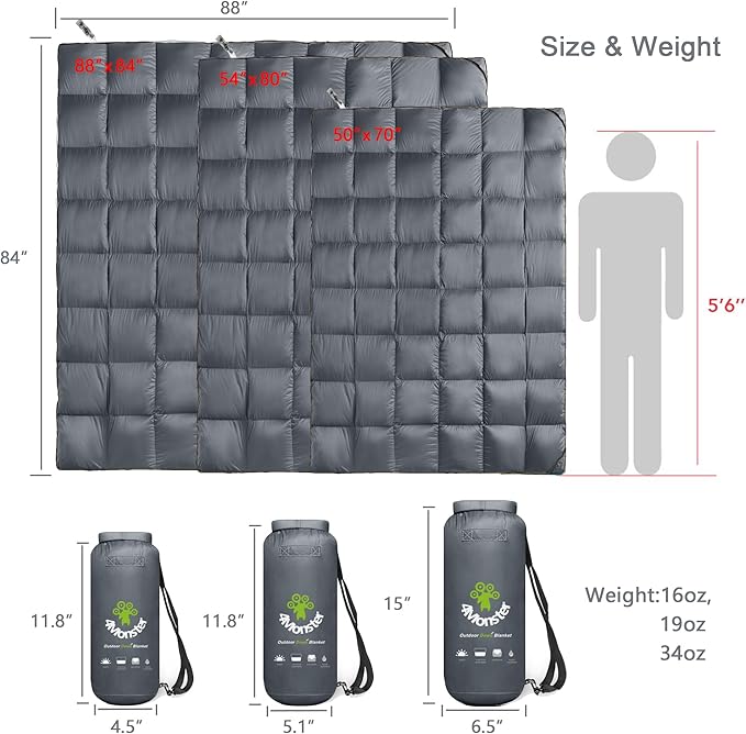 4Monster Down Camping Blanket - Outdoor Travel Quilt Puffy 650 Fill Packable LightweightWind &amp Waterproof | Ideal for Stadium BackpackingPicnics Beach and Hiking