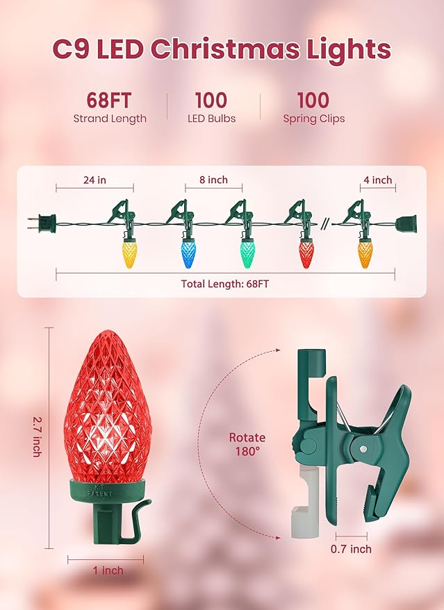 C9 LED Christmas Lights Outdoor 68 Feet 100 LED Strawberry String Lights with 100 Spring Clamps Waterproof Commercial Grade Extendable for Outside Roofline Patio Home Xmas Decoration Multicolor