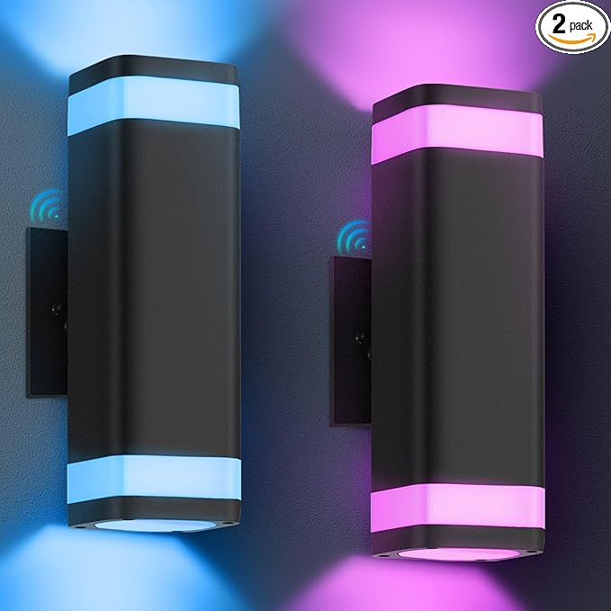 Smart Outdoor RGB Wall Lights 2 Pack Wi-Fi &amp App Control Color Changing Up and Down Wall Sconce with Remote Dusk to Dawn Waterproof Exterior Lighting Fixtures Works with Alexa Google Assistant
