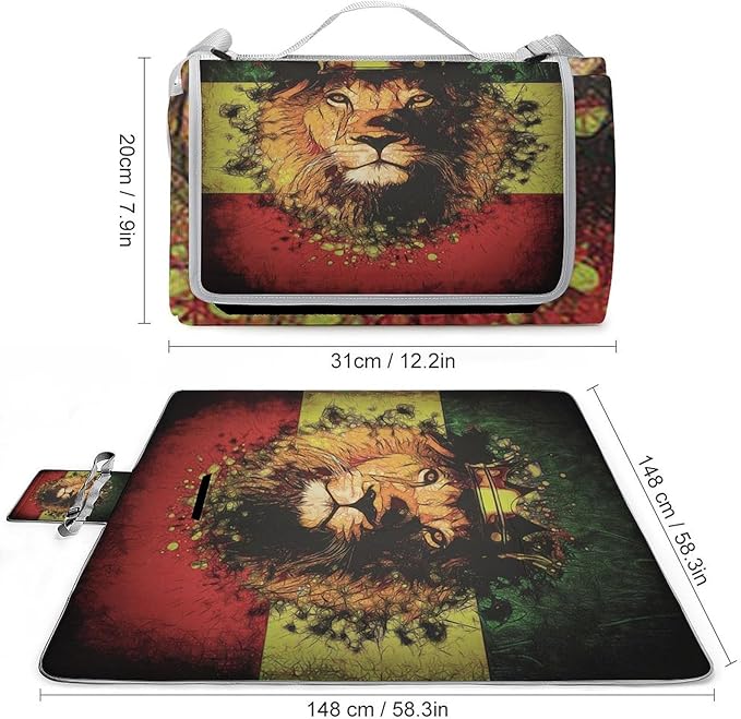 Jamaican Lion of Judah Rasta Lion King Waterproof Outdoor Picnic Blanket Sandproof Beach Mat for Camping Hiking Grass Travelling
