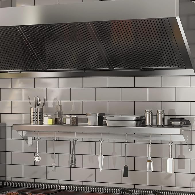 Stainless Steel Shelf Wall Mounted NSF Commercial Wall Shelf Floating Shelving for Kitchen Restaurant Home Hotel 60 x 12 Inches Flat Surface with 7 Hooks