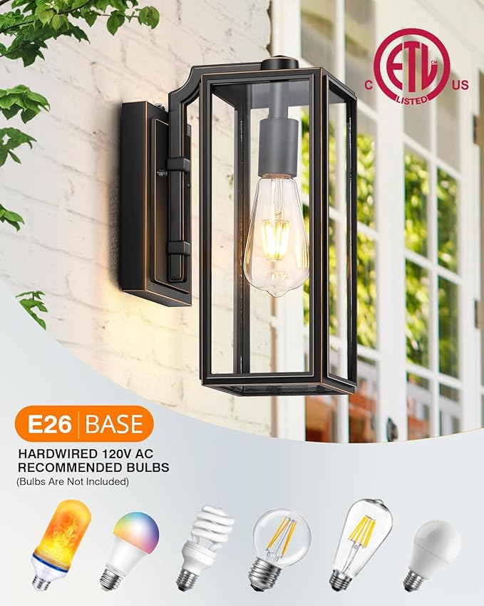 VIANIS Outdoor Wall Lights Dusk to Dawn Large Exterior Light Fixture Wall Mount for House Front Porch Light Black Anti-Rust Modern Outside Wall Sconces with Tempered Glass Shade for Garage