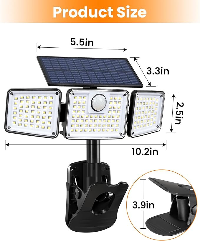 Clip on Solar Lights 1500LM Motion Sensor Security Lights with Remote Control 270°Wide Angle Solar Flood Light 3 Heads High Bright Solar Lights Outdoor Waterproof for Fence Gutter Yard（1Pack）