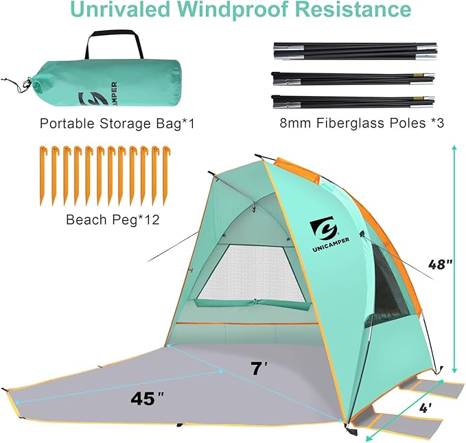 Beach Tent 3 Person Sun Shelter UPF 50+ with Extended Waterproof Pe Floor &amp 3 Mesh Roll Up Windows Fits Portable Beach Shade Easy Setup for Outdoor Camping Indoor Fishing Yard. (Green)