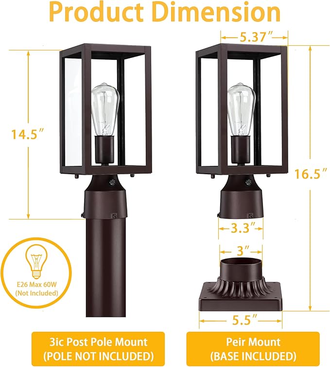 Dusk to Dawn Outdoor Post Lights with Pier Mount Base 2-Pack Modern Lamp Post Light Fixture Waterproof Pole Lights Outdoor Column Lights Exterior Post Lantern with Clear Glass for Garden Patio Brown