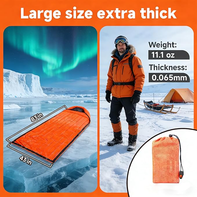 Sleeping Bag Terrashell Blanket Emergency Sleeping Bag Waterproof Compact Lightweight Extra Thick Heat Blanket Survival for Survival Kit Car Camping Gear Hiking Go (65μm) (2PCS)