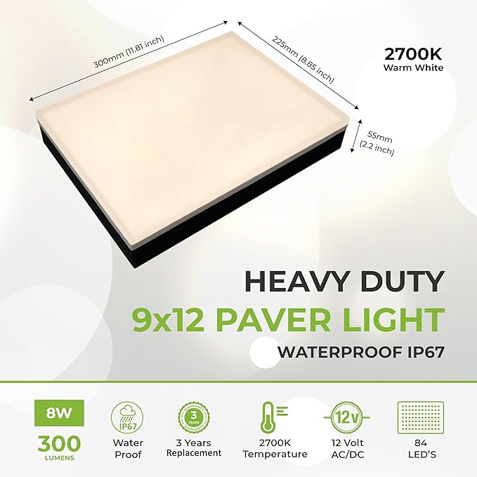 LUMENGY Paver Light 9x12 Inch (8.85x11.81) 2700K Warm White Glare-Free Brick Lighting for Driveways Walkways Pool Decks and Patios 12V Hardwired IP67 Waterproof Drive-Over Rated