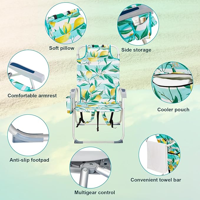 JHshop Reclining Backpack Beach Chair Folding Beach Chair for Adults Lightweight Beach Chair High Back Beach ChairsLightweight Folding Beach Camping Chairs Lemon 63 x 70 x 99cm