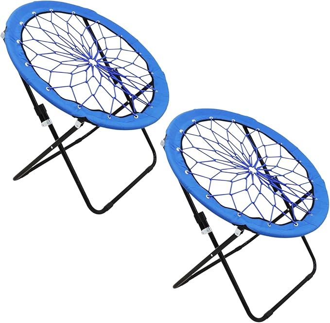 2 Pack Bungee Bunjo Folding Chair Saucer Dish Chair Bunjo Chair Outdoor Indoor Use for Camping Game&amp Recreation Room Livingroom Study (BLUE-2PK)