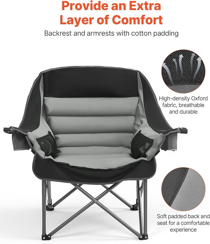 VEVOR Oversized Camping Chairs 450 lbs Heavy Duty Support Portable Padded Folding Camp Chairs with Dual Cup Holders &amp Wine Glass Holders Carry Bag for Outdoor Fishing Black &amp Gray 1 Pack