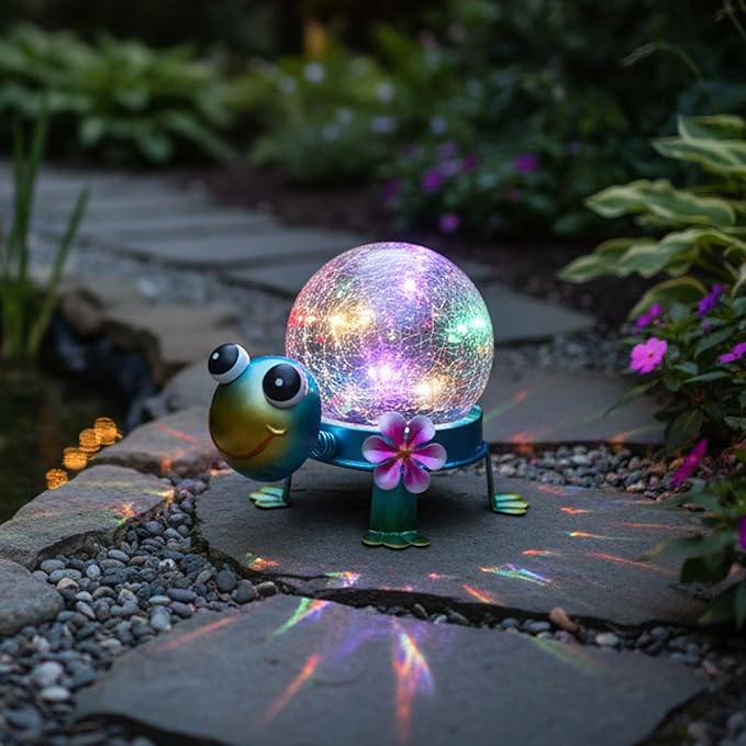 Solar Lights Outdoor Turtle Garden Decor with Crackle Glass Globe Lights - Cute Metal Turtle Statue for Yard Lawn Patio Porch Pathway Tabletop Housewarming Gifts for Mom Women