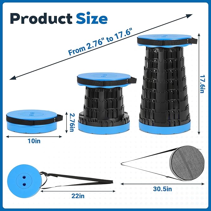 Upgraded Collapsible Stool with Load Capacity 600lbs Stable Folding Stool with Triple Slide Portable Camping Chair 3-in-1 Carry Bag Retractable Telescoping Seat for Travel Hiking(Blue)