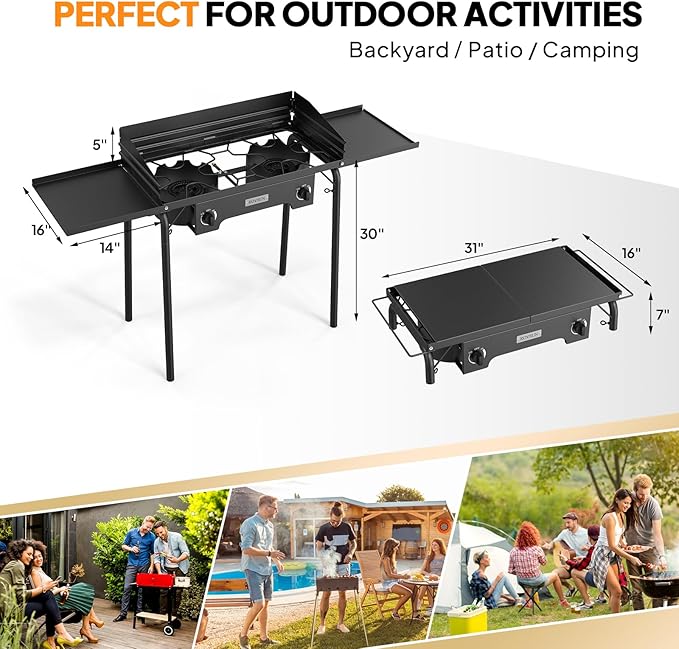 ROVSUN 2 Burner Gas Stove with Side Shelves 150000 BTU Portable Propane Stove with Removable Legs Wind Panels &amp Regulator for Camping Home Backyard Cooking Brewing Canning Turkey Frying