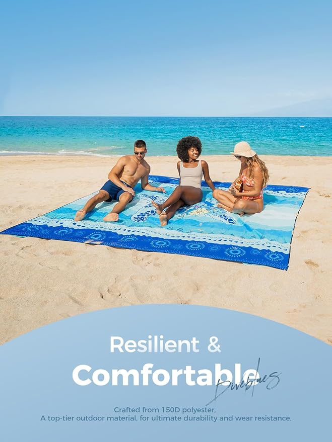 Diveblues Beach Blanket Oversized Extra Large 110 * 118/ 9 * 10 FtBeach Mat Waterproof SandproofSoft and Durable Picnic Mat for Travel Camping Beach Vacation4 Stakes &amp 1 Travel Bag