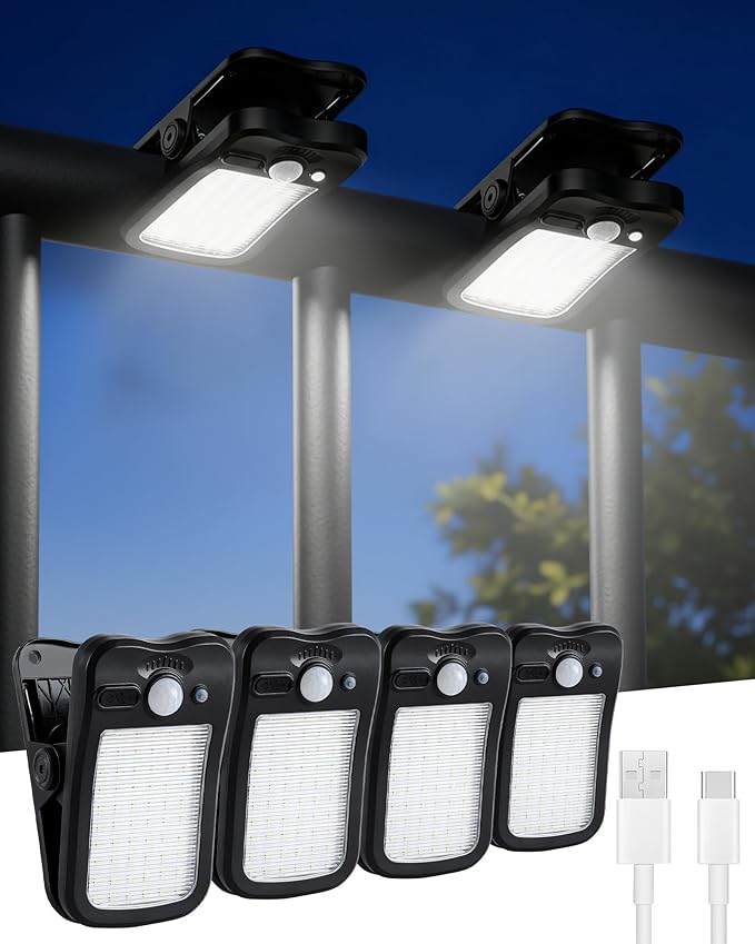 4 Pack Clip On Solar Fence Lights Outdoor Waterproof Security Motion Sensor Lights with 3 Light Modes for Fence Wall Garage Garden Yard Patio Umbrella
