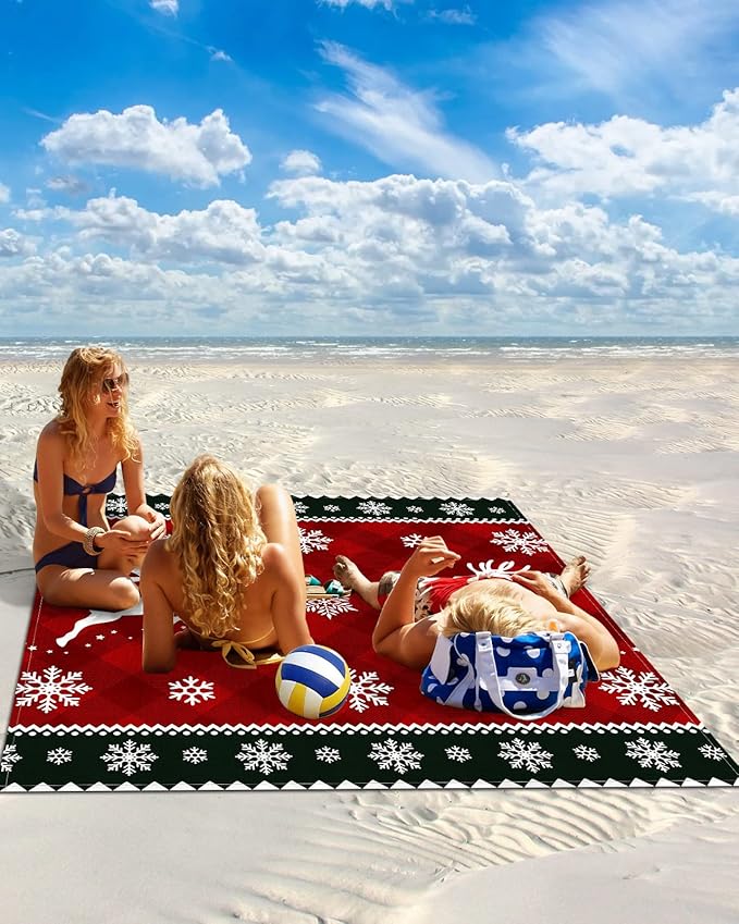 Beach Blanket Waterproof Sandproof OversizedChristmas Animal Elk Red Buffalo Plaid Beach Mat with Corner Stakes Sand PocketsWinter Snowflake White Shadow Outdoor Picnic Mat for Travel 83x79In