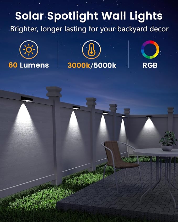 Solar Fence Lights Outdoor 8 Pack 50LM Ultra Bright 3 Color Temperatures &amp RGB IP65 Waterproof Dusk-to-Dawn Solar Powered Fence Lights for Patio Railing (Black)