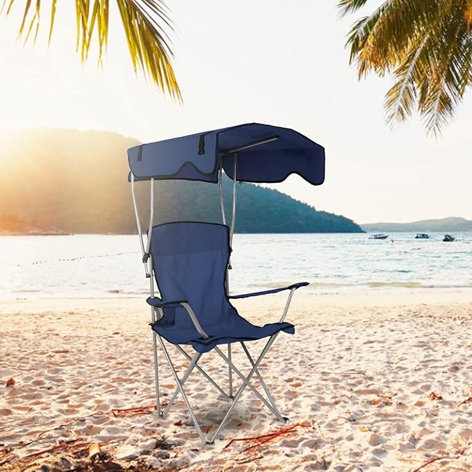 Foldable Beach Canopy Chair Camping Chair Fishing Camp Outdoor Lawn Chair Sun Protection 330LBS Load Folding Camping Canopy Shade Seat with Cup Holder For Beach Poolside Travel Picnic (NavyBlue)