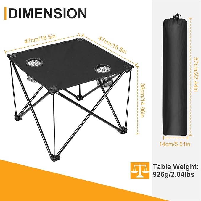 Portable Camping Table Ultralight Picnic Table Foldable with 2 Cup Holders and Carrying Bag for Outdoor Camping Picnic BBQ Beach Party Patio Fishing Steel Frame High-Grade 600D Oxford Fabric