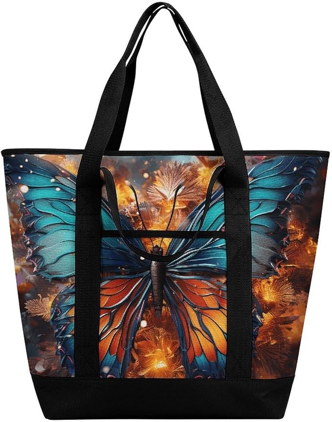 Insulated Shopping BagLarge Reusable Cooler Bags Color Butterfly Background Printed Foldable Shopping BagTravel Waterproof Shoulder Bag