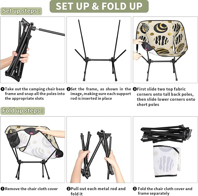 Honeybaby Folding Camping Chair Zebra Print Circle Camping Chairs Lightweight Portable Chair Outdoor Foldable Chairs for Camping Travel Picnic Beach Hiking