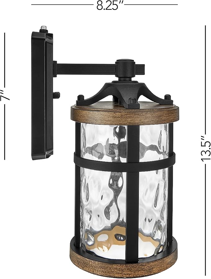 Maxxima LED Outdoor Wall Light Black w/Wood Grain Style Finish Clear Hammered Glass 800 Lumens 3000K Warm White Dusk to Dawn Sensor Farmhouse Wall Mount Sconce Rustic Coach Lantern