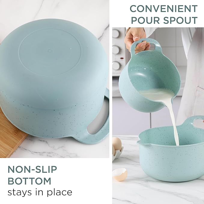 COOK WITH COLOR Nesting Plastic Mixing Bowl Set with Pour Spouts and Handles Speckled Mint 4 Piece Non-Slip