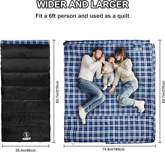 Flannel Sleeping Bag Cold Weather for Adults XL Camping Cotton Sleeping Bag 4 Season Big and Tall Waterproof with Compression Sack