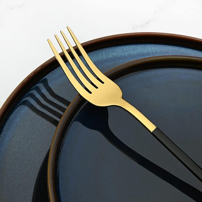 24 Piece Mirror Golden Plated 18/0 Stainless Steel Flatware Set Black Handle With Golden Mouth Silverware Set With Teaspoon Cutlery Set Service for 6