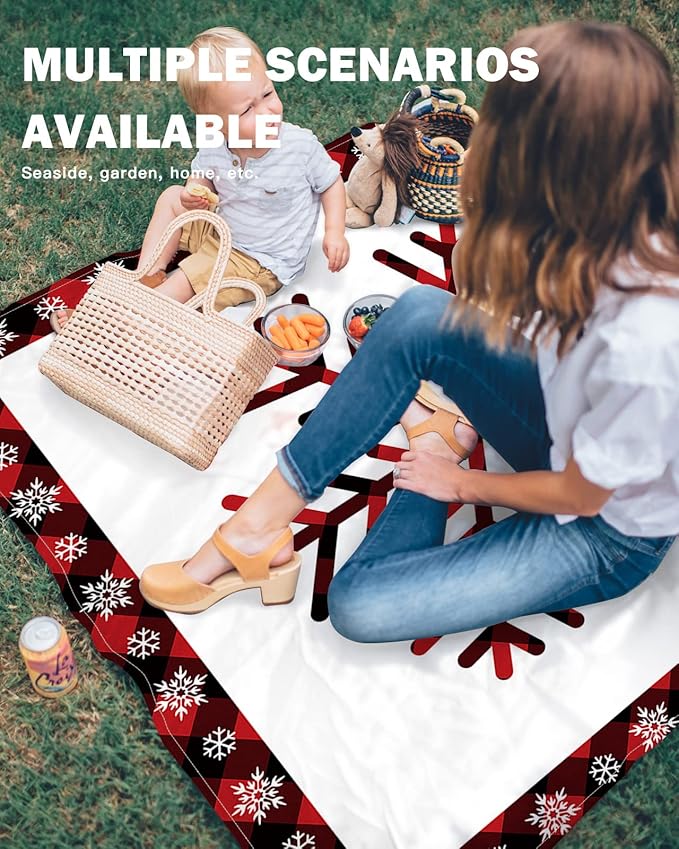 Beach Blanket Waterproof Sandproof Winter Snowflake Christmas Snow Red Buffalo Plaid Quick Drying Beach Mat with 4 Stakes Black Grid White Back Lightweight Picnic Blanket for Travel Camping 83x79