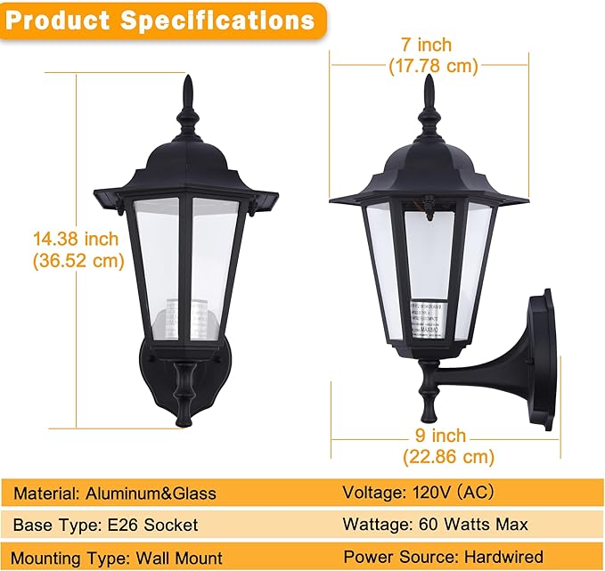 Outdoor Wall Lantern Wall Sconce as Porch Lighting Fixture E26 Base 60W Max Aluminum Housing Plus Glass Wet Location Rated Bulbs not Included Matte Black 2 Pack