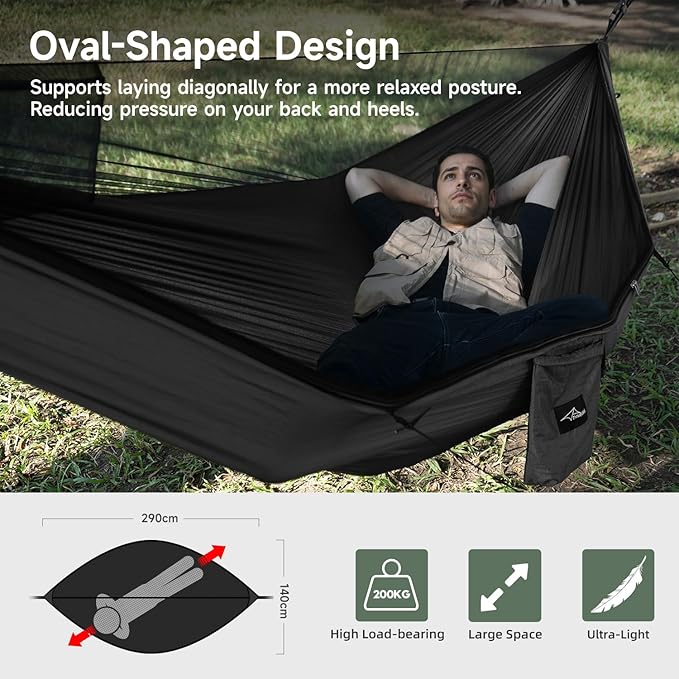 Camping Hammock with Mosquito Net and Ridge Rope Extra Large for 2 Person Lightweight Hanging Hammocks Tree Straps All-in-one Fast Open Hammock for Outside Hiking and Travel