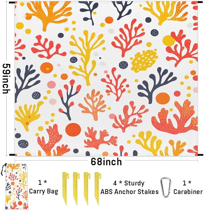 Waterproof Sandproof Beach Blanket 59''×68'' Ocean Seaweed Polyester Outdoor Picnic Blanket with 4 Stakes &amp Storage Bag for BeachCampingVacation White