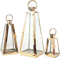 allgala Lantern Jumbo Deluxe Modern Indoor/Outdoor Candle Stainless Steel Rectangular Frame with Lattice Grid Tempered Glass for Garden Poolside Fireplace Wedding (Pack of 3 24 Inch Rose Gold)