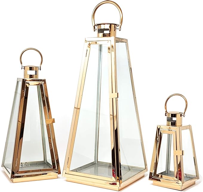 allgala Lantern Jumbo Deluxe Modern Indoor/Outdoor Candle Stainless Steel Rectangular Frame with Lattice Grid Tempered Glass for Garden Poolside Fireplace Wedding (Pack of 3 24 Inch Rose Gold)