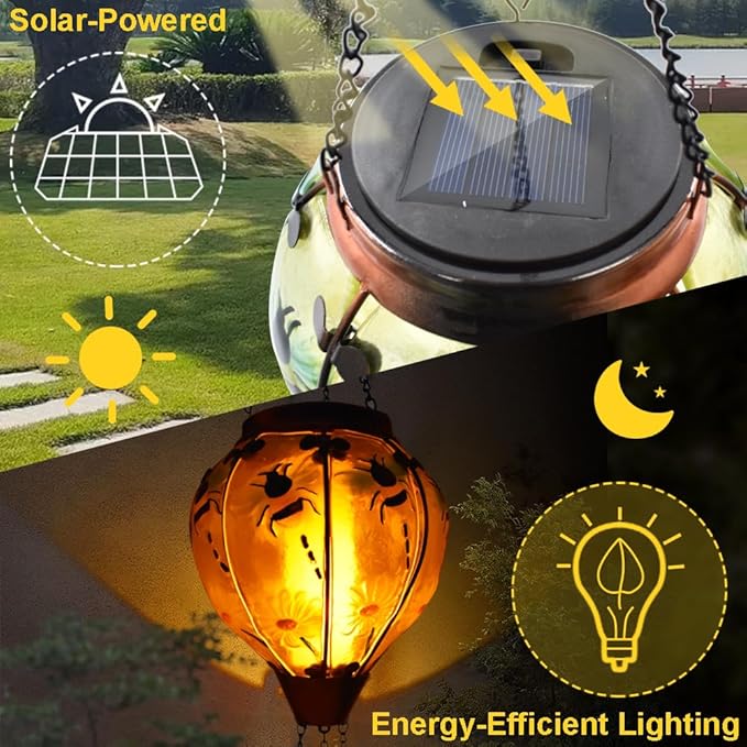 Hot Air Balloon Solar Lantern with Flickering Flame Glass Hanging Garden Lights Outdoor Waterproof for Tree Yard Patio Mother's Day Gift 18 H Bee