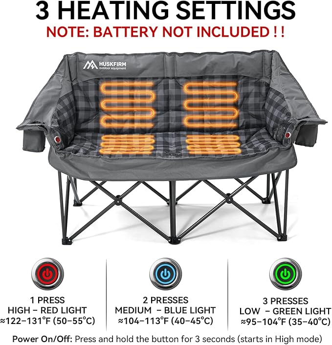 Heated Double Camping Chair Oversized Camping Loveseat with 4 Heating Zones and 3 Temperature Settings Portable Heated Double Chair for Outdoor Use（Battery Not Included）