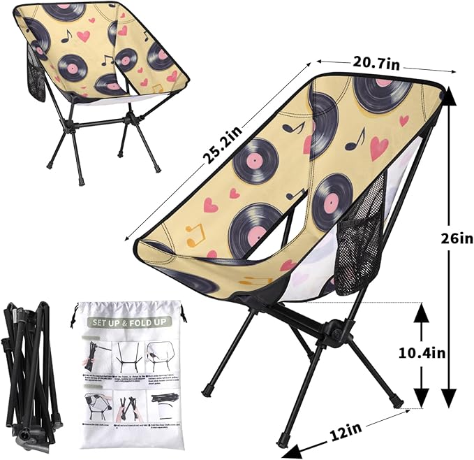 Folding Camping Chair Music Love Heart Camping Chairs Lightweight Portable Chair Outdoor Foldable Chairs for Camping Travel Picnic Beach Hiking