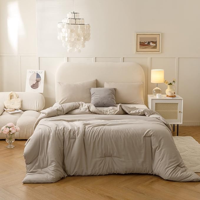 ROSGONIA Oversized Queen Comforter Oatmeal 3pcs (1 Comforter &amp 2 Pillowcases) Lightweight Oversized Queen Comforter Sets Bedding Blanket Quilts
