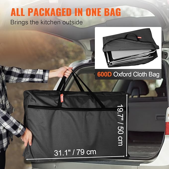 VEVOR Camping Kitchen Table Folding Outdoor Cooking Table with Storage Carrying Bag Aluminum Cook Station 3 Cupboard &amp Detachable Windscreen Quick Set-up for Picnics BBQ RV Traveling Black
