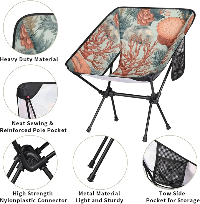 Honeybaby Folding Camping Chair Coral Theme Camping Chairs Lightweight Portable Chair Outdoor Foldable Chairs for Camping Travel Picnic Beach Hiking