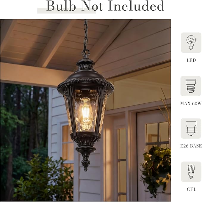 Emliviar 21.3 Modern Hanging Porch Light with Adjustable Chain Water Ripple Glass Outside Hanging Lighting in Oil Rubbed Bronze Finish XE265H-M ORB-SW