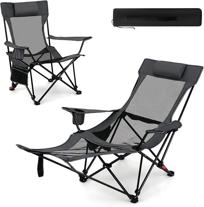 Tangkula Reclining Camping Chair 2 in 1 Porable Folding Lawn Chair with Removable Footrest 4-Position Adjustable Backrest Cup Holder &amp Side Pocket Carry Bag (1Gray)