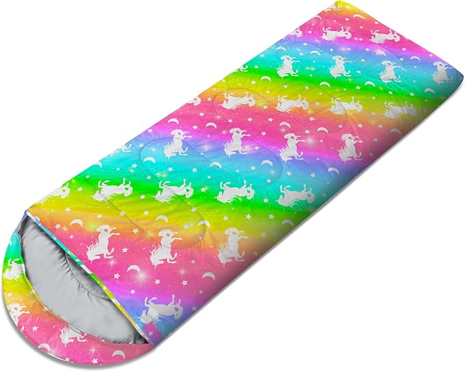 Sleeping Bags for Kids 3 Season Waterproof Sleeping Bag with Carry Bag for Camping Hiking Rainbow Unicorn
