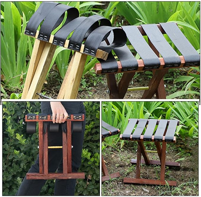 Portable Folding Stool Bench for Camping Stools Adults Solid Wood Compact Fishing Seat Safety Strap for BBQ and Travel
