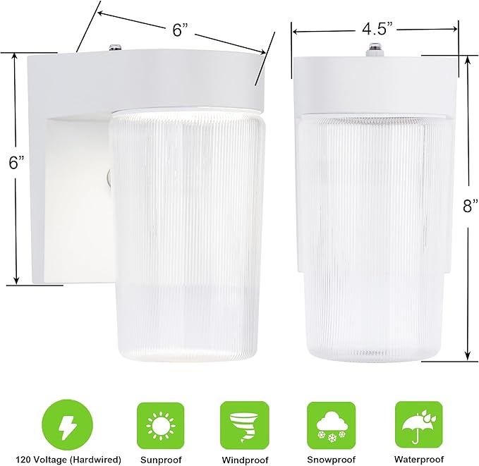 LIT-PaTH Dusk to Dawn Outdoor Wall Lantern LED Jelly Jar Light 11W 800 Lumens 5000K Daylight White Aluminum Housing Plus Clear Shade Matte White Finish 2-Pack