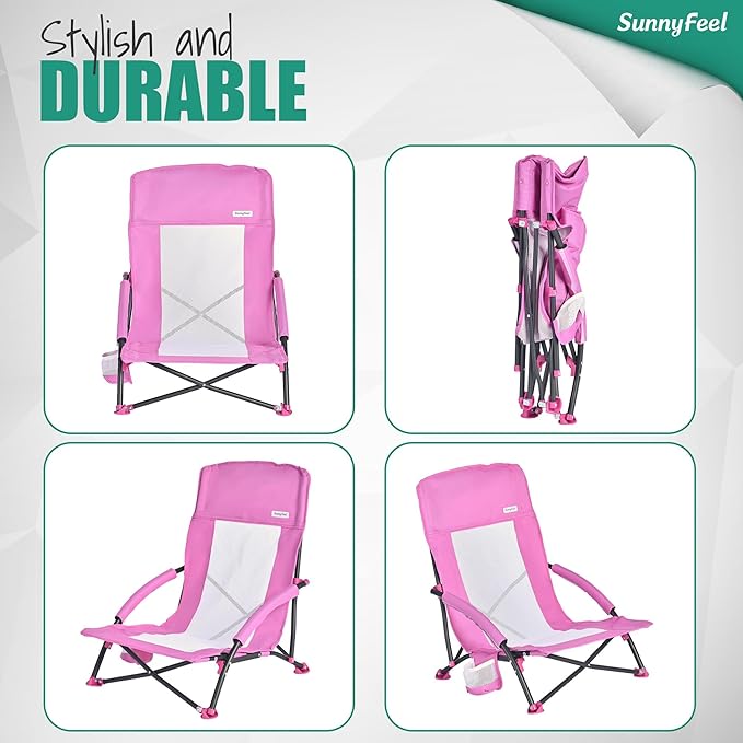 SUNNYFEEL Folding Beach Chair High Back Beach Chairs for Adults Lightweight Portable Camp Chair 300lbs Heavy Duty with Carry Bag Cup Holder for Outdoor Travel Picnic Concert 2 Pack Pink